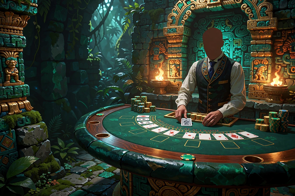 Krupier przy stole do blackjacka w kamiennej alkowie świątyni